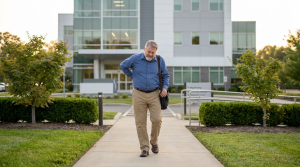 middle aged man walking out with discomfort