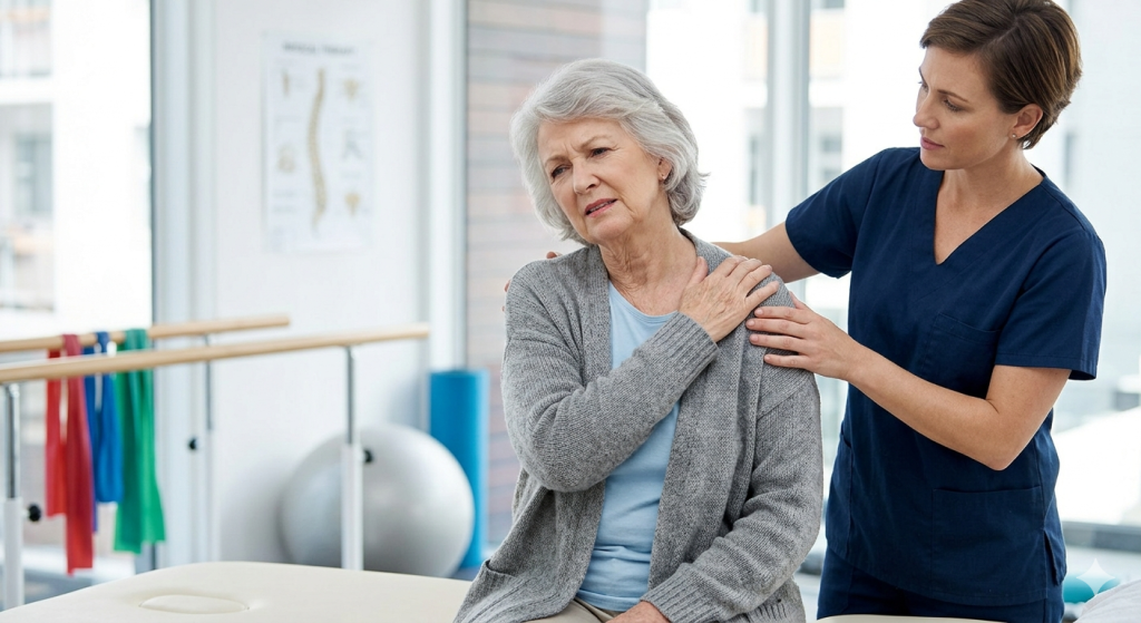 patient in webster examined by nurse for neck pain